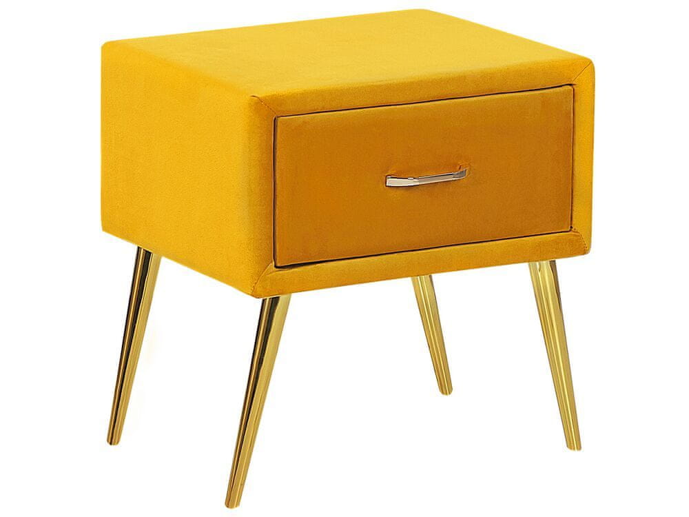 Beliani Zamatový nočný stolík so zásuvkou žltý FLAYAT